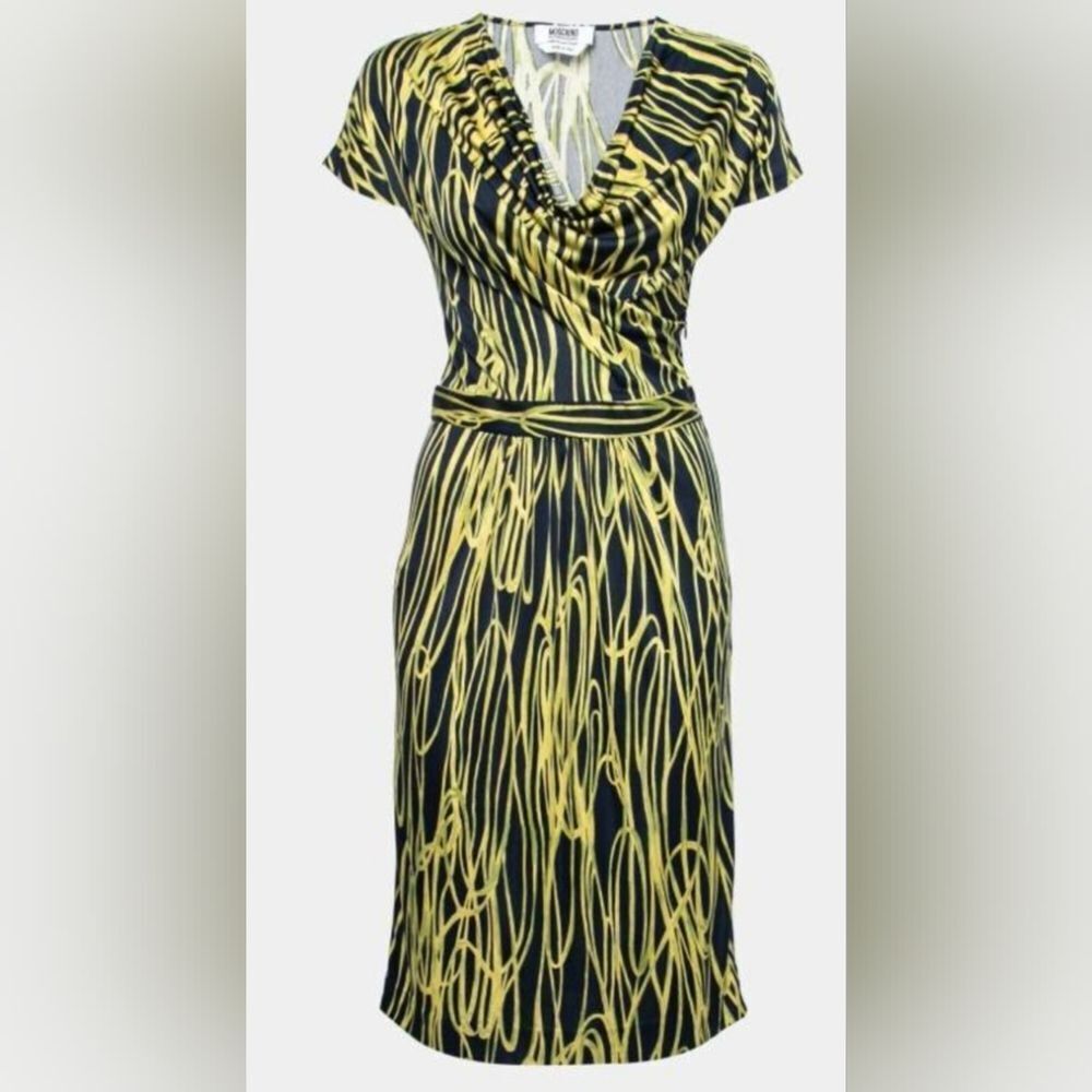 Moschino Cheap and Chic Navy Blue & Yellow Printed Silk Jersey Dress Size 8